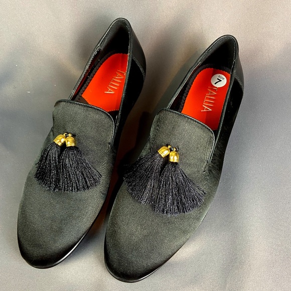 Tallia Eduardo Black Leather & Satin Tassel Loafer Slip on Shoes Size 7 - Picture 2 of 16